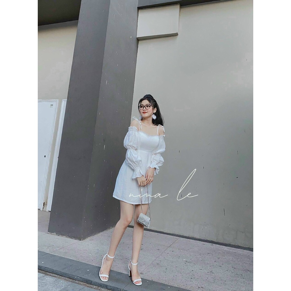 Đầm trễ vai tay nhún cột nơ vai (có sẵn mút) 2 màu đen và trắng