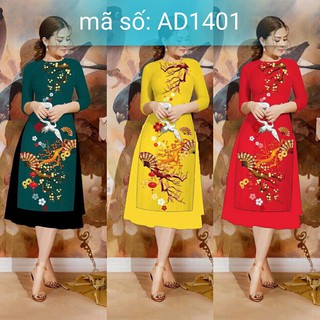 AD1401 Có size 4XL Áo Dài Cách Tân cổ tròn in họa tiết chim hạt và hoa mai mùa xuân kèm váy