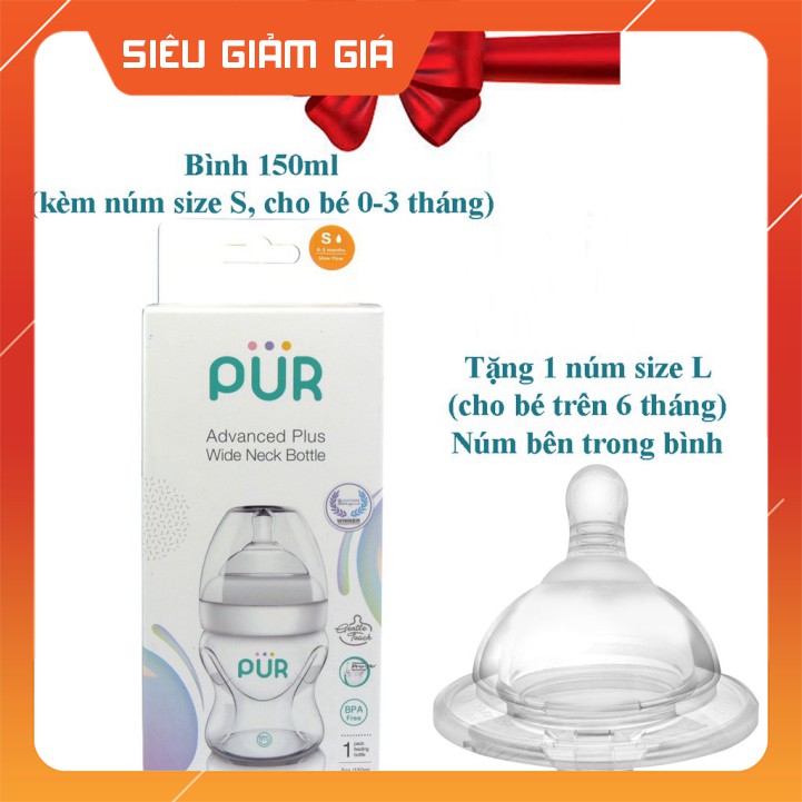 CHÍNH HÃNG Combo Bình sữa cổ rộng Pur Advanced Plus 150ml + núm L