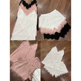 Bộ ngủ quần cộc áo hai dây viền ren mặc hè freesize mặc ở nhà siêu thoáng mát