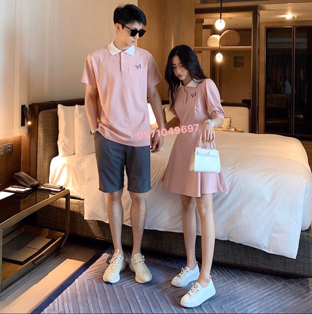 {Có ảnh thật}Váy thun đôi: Váy thun polo thêu bướm + Áo polo nam phối hợp | BigBuy360 - bigbuy360.vn