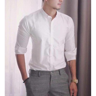 [GIÁ SƯỞNG]Sơ mi trắng cổ tàu chất liệu lụa thái bóng nhẹ không nhăn không xù không bám bụi