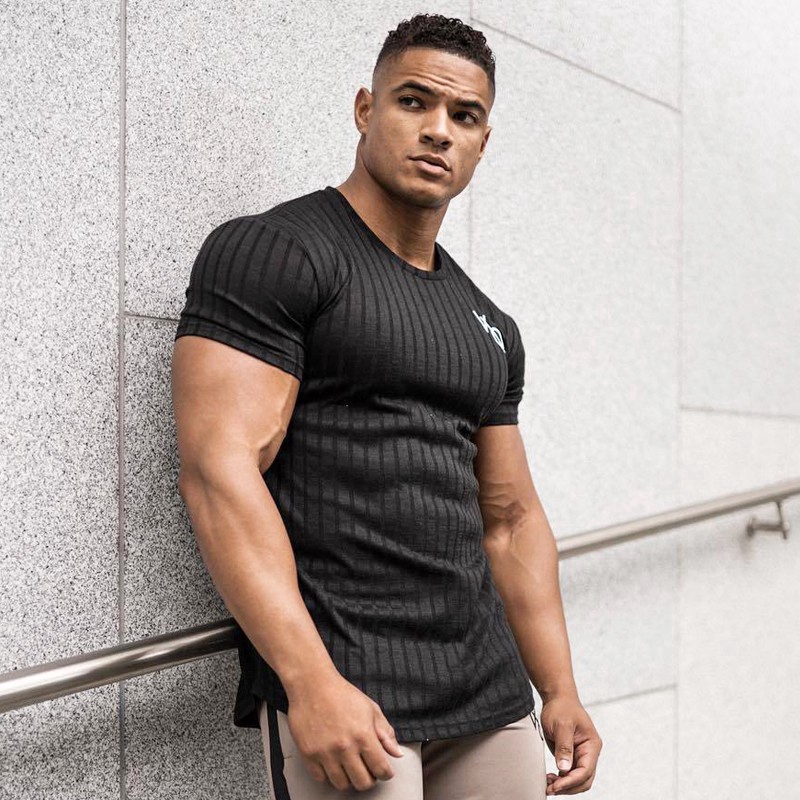 VQ Men's Cotton Sports Short-sleeved T-shirt Striped Breathable Jogging Fitness Shirt