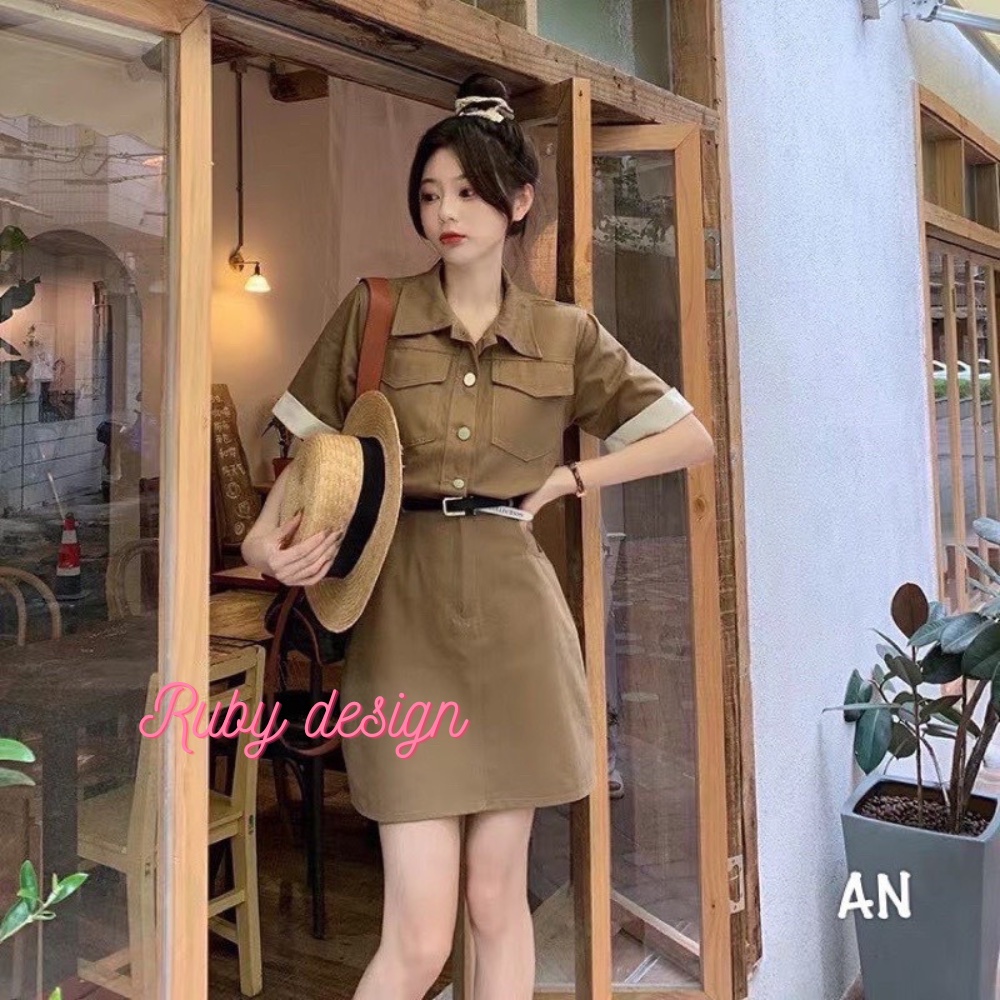 Đầm nữ , váy nữ sơ mi kaki màu nâu tây cổ bẻ tay phối trắng kèm đai phong cách Hàn quốc Ruby design