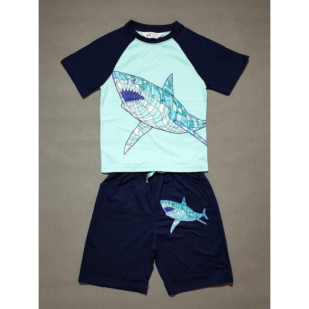 Bộ thun cotton mát mẻ tay ráp lăng in họa tiết khủng long thể thao cho bé trai