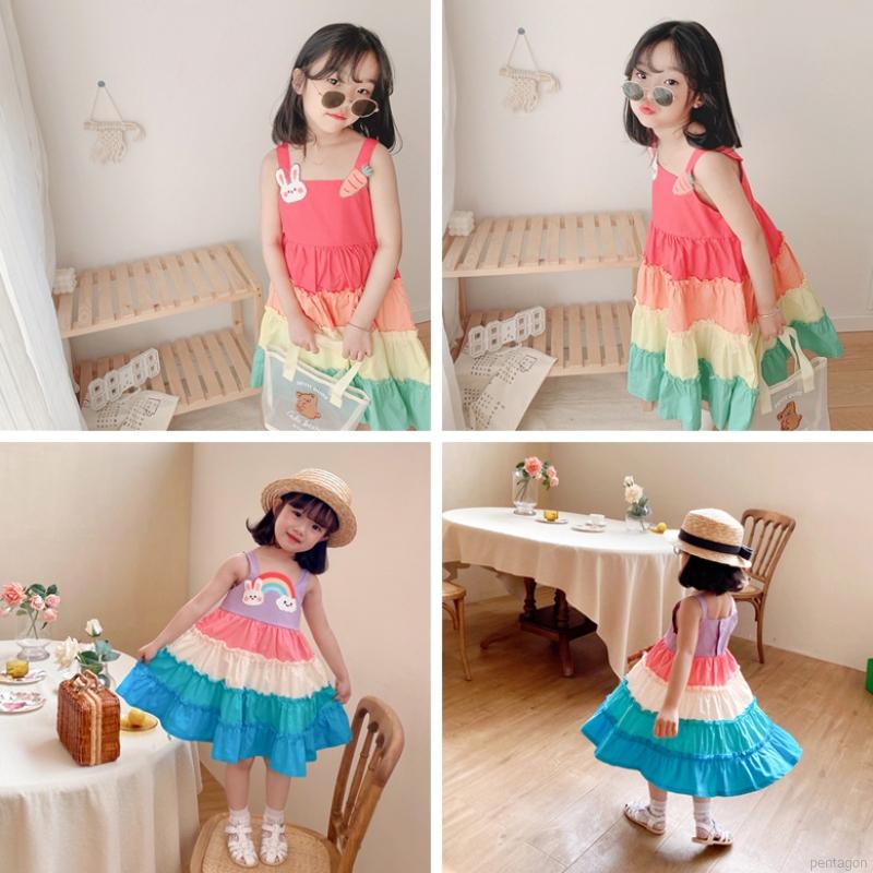 Đầm Tay Dài Phối Màu Cầu Vồng Đáng Yêu Cho Bé Gái