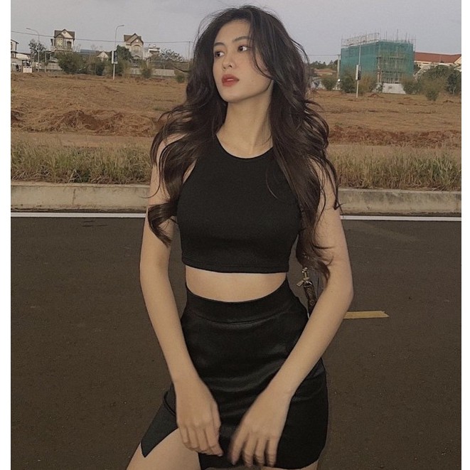 Áo croptop len tăm sát nách thời trang nữ , thun tăm cổ tròn 3 lỗ nữ ulzzang The Kim A121