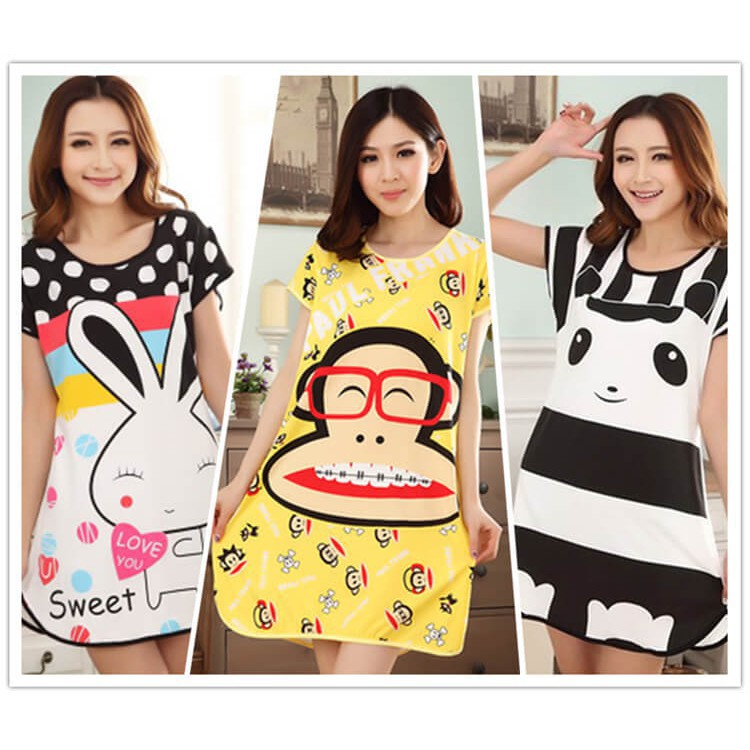 Đầm ngủ cổ tròn tay ngắn họa tiết hoạt hình dễ thương cho nữ | BigBuy360 - bigbuy360.vn