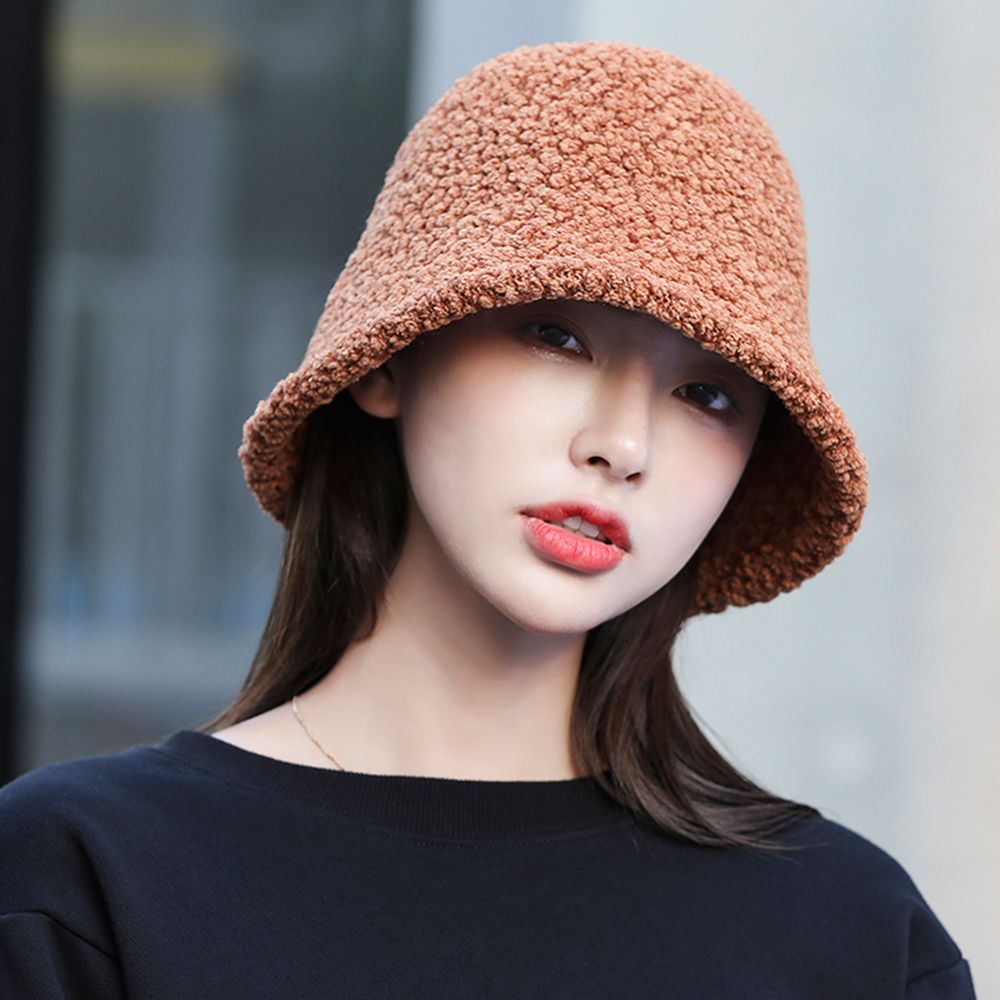 Mũ bucket vải len lông cừu màu trơn đơn giản thời trang Hàn Quốc cho nữ