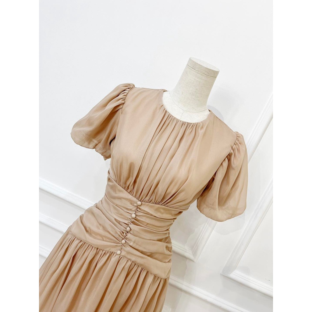 Đầm voan tay phồng nhún eo