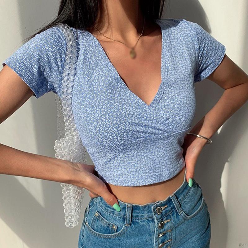 Áo croptop tay ngắn cổ chữ v in họa tiết hoa thời trang quyến rũ cho nữ