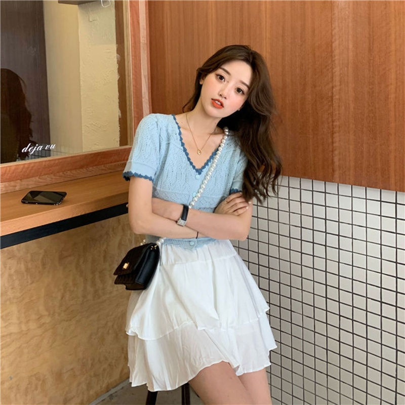 Áo Khoác Cardigan Dệt Kim Mỏng Dáng Rộng Tay Ngắn Cổ Chữ V Màu Sắc Tương Phản Thời Trang Cho Nữ