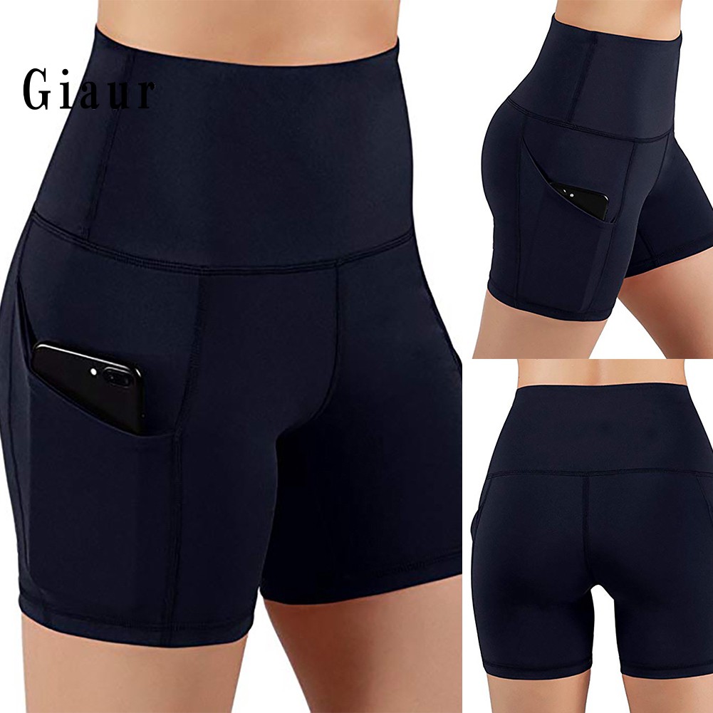 GIAUR  Sports Women High Waist Yoga Shorts Gym Running Skinny Short Pants with Pocket