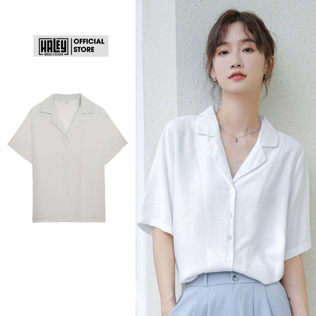 Áo Sơ Mi Ngắn Tay Nam Nữ HALEY Form Rộng Cổ Vest Ngắn Tay - Phong cách Unisex Hàn Quốc 3 màu Đen Trắng Be chất lụa dãn