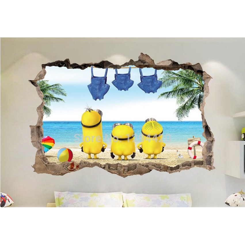 Decal trang trí tường khung đá MINIONS bãi biển