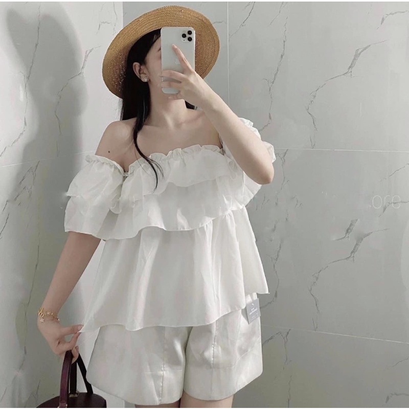Áo Trễ Vai Bèo Tầng Nữ Tính Chất Voan Dày Dặn [Ảnh Thật] YUMI BÁN SỈ Áo Kiểu Trễ Vai Phong Cách Ullzang