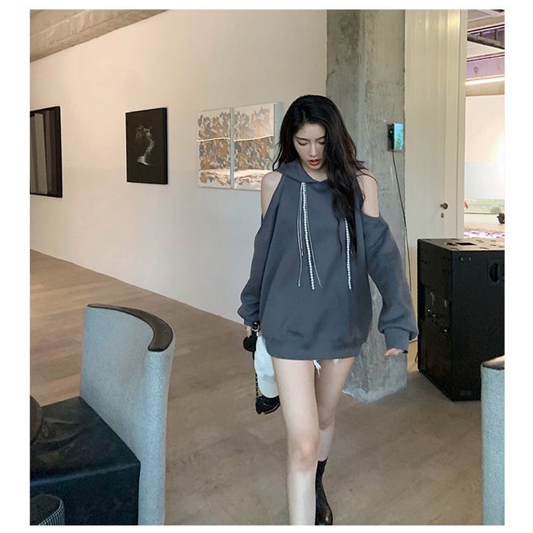 Áo Sweatshirt Tay Dài Dáng Rộng Hở Vai Có Mũ Trùm Thời Trang Cho Nữ 2022 Size M-2xl