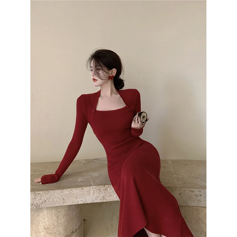 ( ORDER ) Đầm len đỏ dáng dài cổ vuống eo cao ulzzang AK2094
