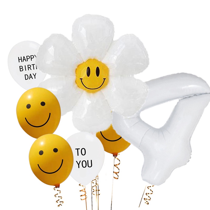 Set 7 Bong Bóng Hình Hoa Cúc Mặt Cười Kèm Chữ Số Màu Trắng Trang Trí Tiệc Sinh Nhật / Tiệc Mừng Em