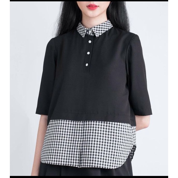 Áo sơ mi đen phối họa tiết kẻ Madelen By Len