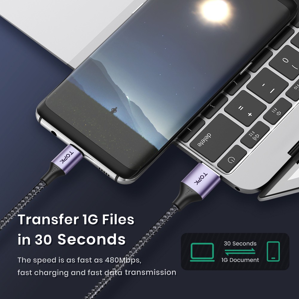 Cáp Sạc Nhanh TOPK AN10 QC3.0 Dây Nylon Bện Vỏ Kim Loại Đầu Cắm Micro USB Chất Lượng Cao