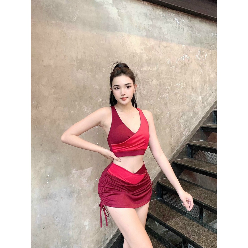 Đồ tập gym nữ, set bộ đùi thể thao phối màu áo bra kèm mút quần đùi váy dây rút Bin Sports BN075