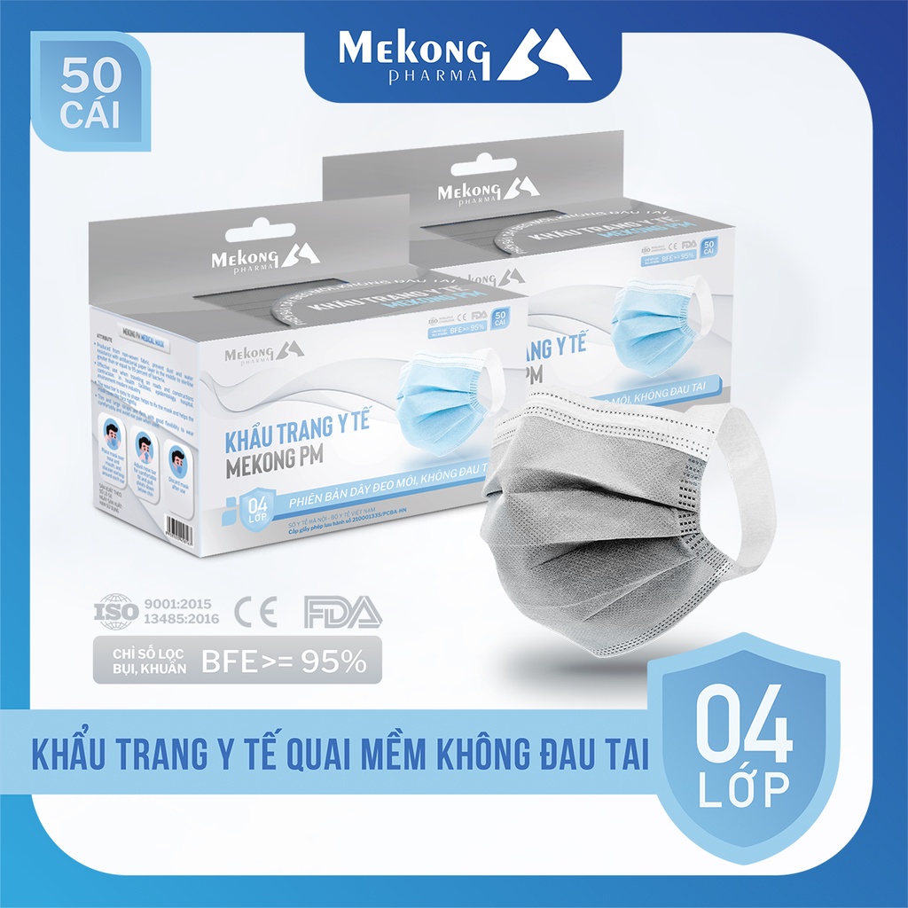 2 Hộp Khẩu Trang Y Tế Mekong Cao Cấp 4 Lớp Kháng Khuẩn Có Dây Đeo Mềm Không Gây Đau Tai