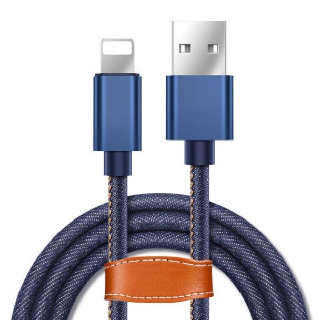 Cáp sạc vỏ dây vải denim với cổng lightning và micro USB