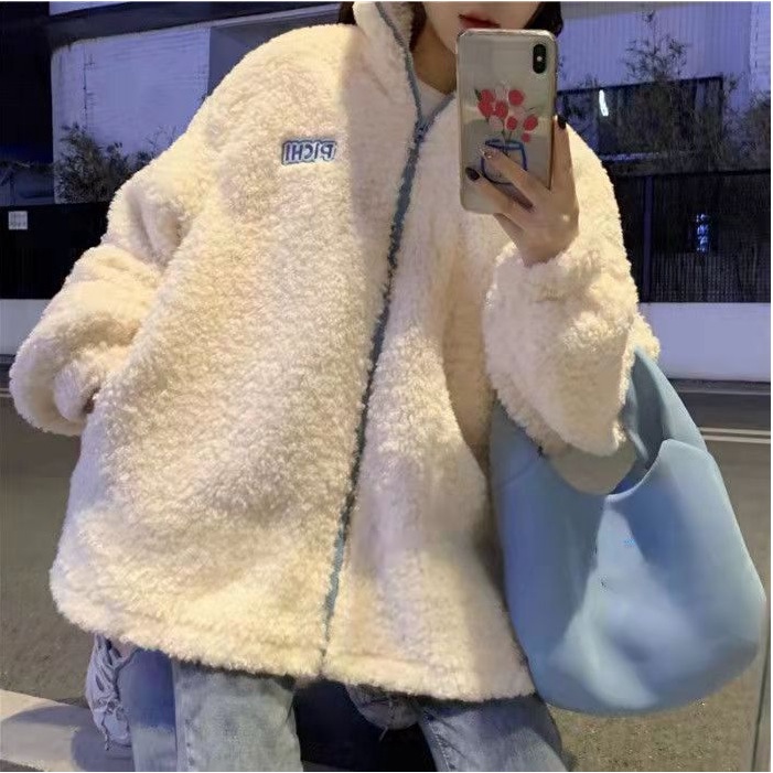 Áo Khoác Nỉ Lông Cừu Thêu Chữ CHIBI 🦋 Áo Lông Nữ Dài Tay Khóa Kéo 2 Màu 🦋