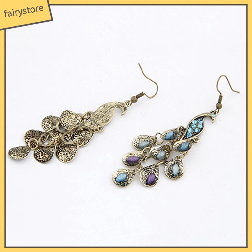 1 Đôi Bông Tai Hình Chim Công Đính Đá Phong Cách Vintage