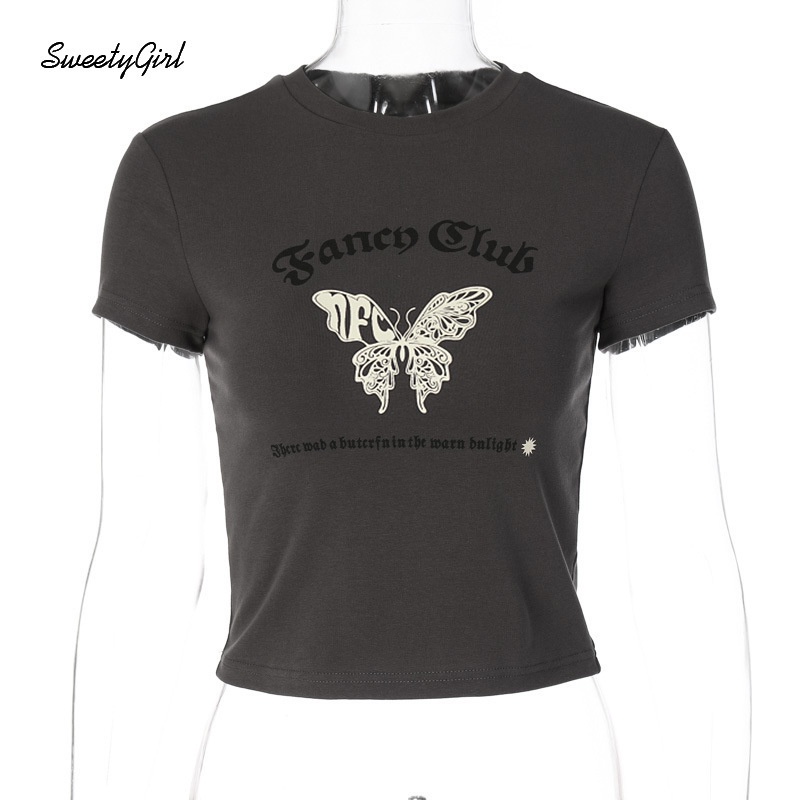 Áo Thun Tay Ngắn Cổ Tròn Dáng Ôm In Chữ Và Bướm Thời Trang 2022 Cho Nữ