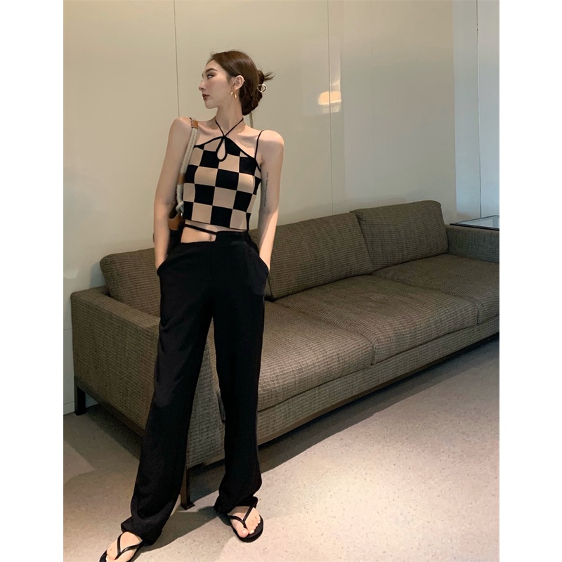 Áo croptop nữ kẻ sọc caro 2 dây luồn dây tròn cột cổ sexy