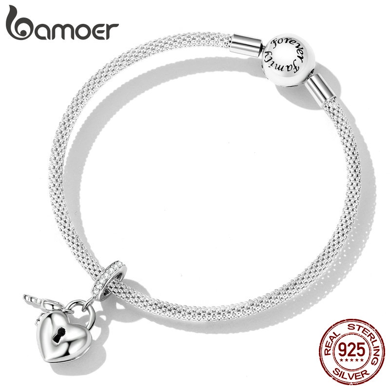 Mặt vòng tay BAMOER bạc 925 hình ổ khóa trái tim và chìa khóa DIY dành cho nữ