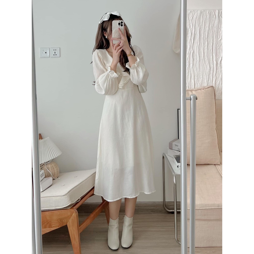 Váy  cổ bèo babydoll đuổi cực xinh , váy  cổ bèo dài tay Vintage