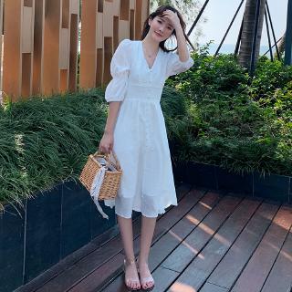 Đầm Tay Lỡ Cổ Chữ V Phong Cách Retro Thời Trang 2020