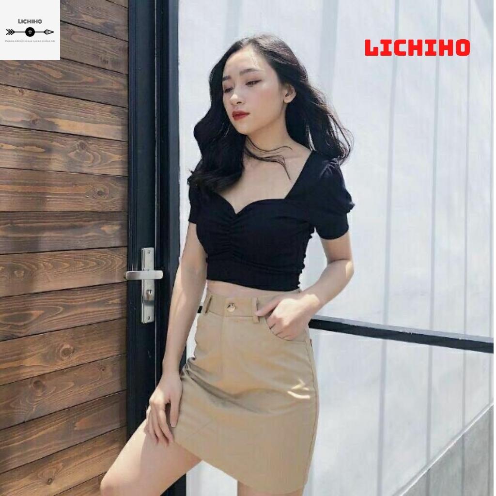 Áo croptop nữ tay phồng cổ vuông CT02 LICHIHO nhún ngược chất vải tốt mịn màn chất lượng quyến rủ | BigBuy360 - bigbuy360.vn