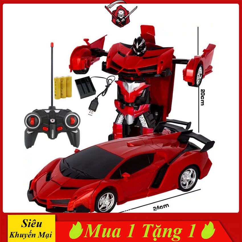 Đồ Chơi Xe Điều Khiển Biến Hình Robot KINPOW Pin Sạc Đa Năng, 2 Màu Cam Đỏ Quay 360 độ Có Đèn Sáng Xanh
