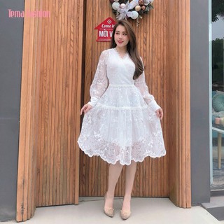 Đầm Ren Thiết Kế Dáng Dài TEMA - Đầm Ren 2 Lớp Tay Dài Thêu Hoa Siêu Xinh