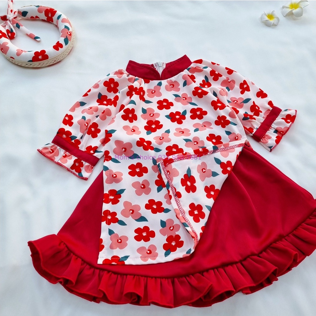 Quần áo trẻ em, áo dài cách tân thiết kế cho mẹ và bé gái màu đỏ tặng kèm vấn tại Mom's Choice