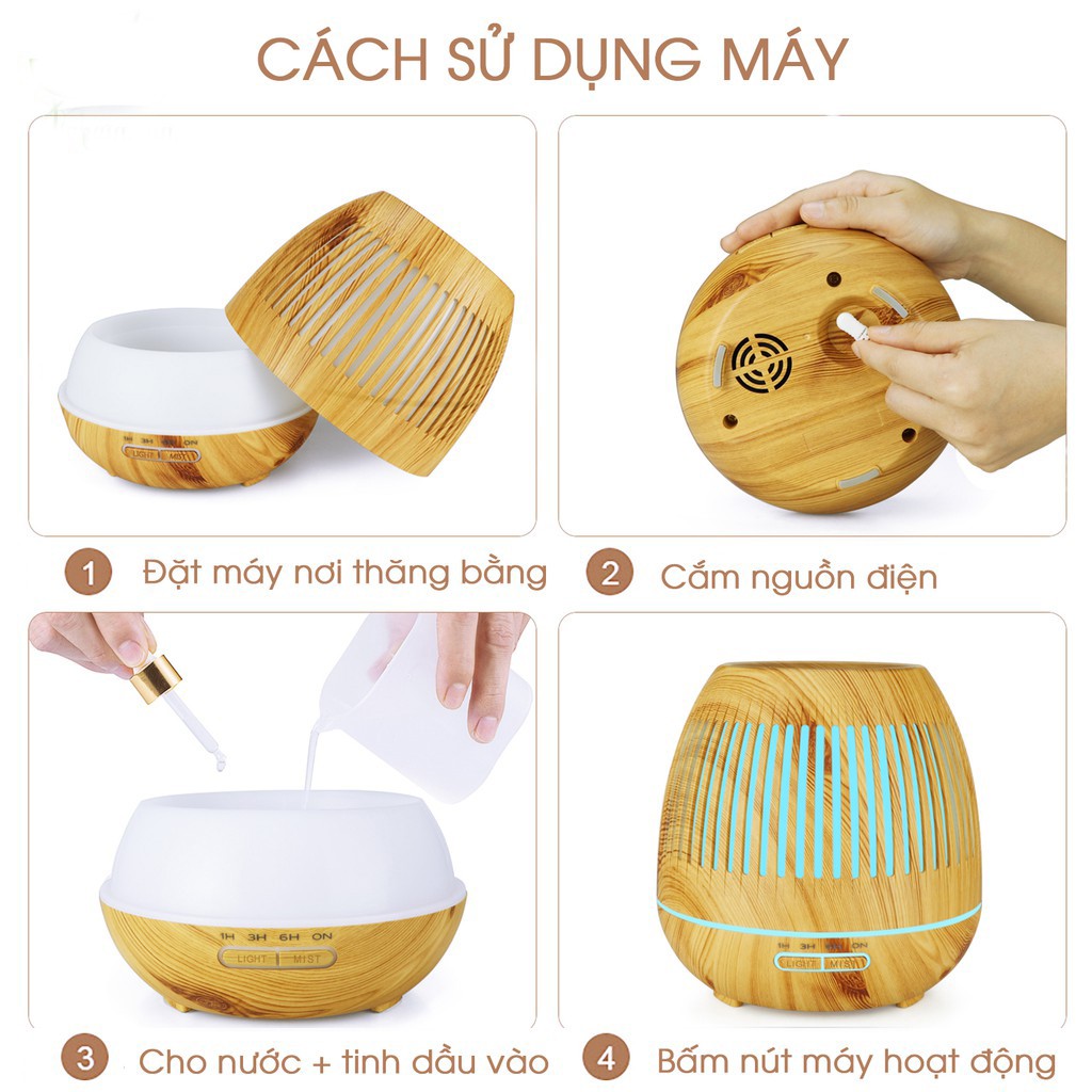 Máy Khuếch Tán Tinh Dầu Đèn Lồng Vân Gỗ | Có Remote Điều Khiển | Tặng Kèm 1 Lọ Tinh Dầu 10ml | Bảo Hành 6 Tháng