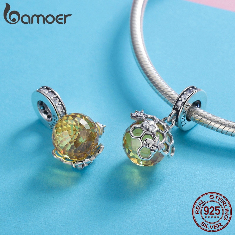 Phụ Kiện Hạt Trang Sức Bamoer SCC879 Bạc S925 Kiểu Tổ Ong Đính Đá Zircon Màu Vàng Làm Vòng Đeo Tay DIY