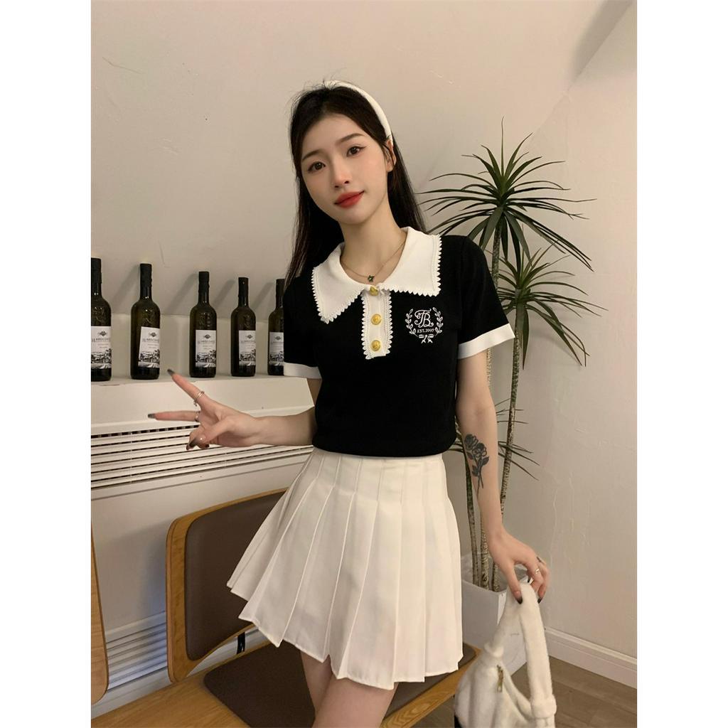 ZHELIHANGFEI Áo polo Dệt Kim Tay Ngắn Thêu Họa Tiết Phong Cách Pháp Thời Trang Cho Nữ
