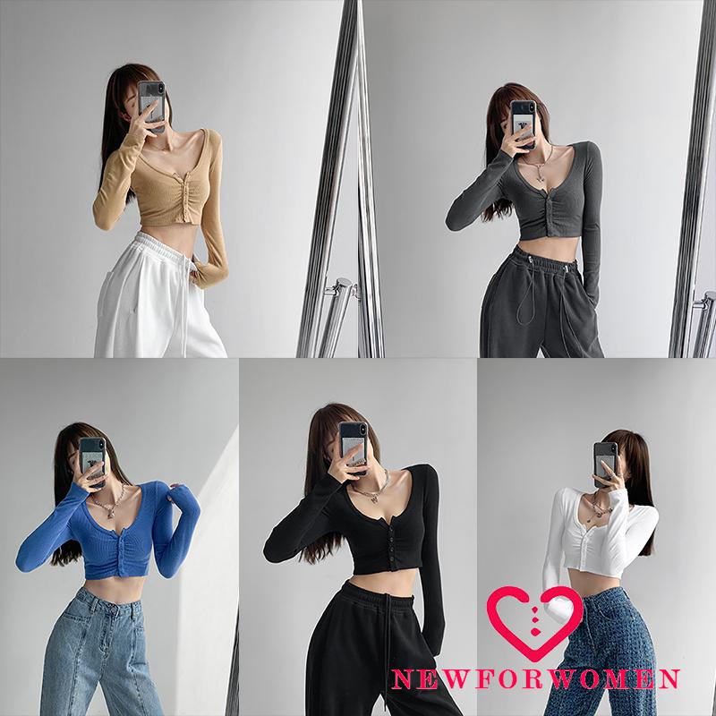 Áo Croptop Tay Dài Cổ Chữ V Màu Sắc Thời Trang Cho Nữ