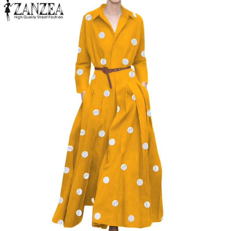 Đầm maxi ZANZEA xếp ly cổ bẻ họa tiết chấm bi dành cho nữ