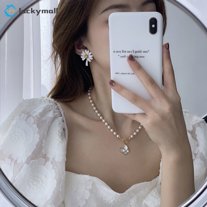 Dây chuyền đính ngọc trai giả mặt bướm thời trang dành cho nữ