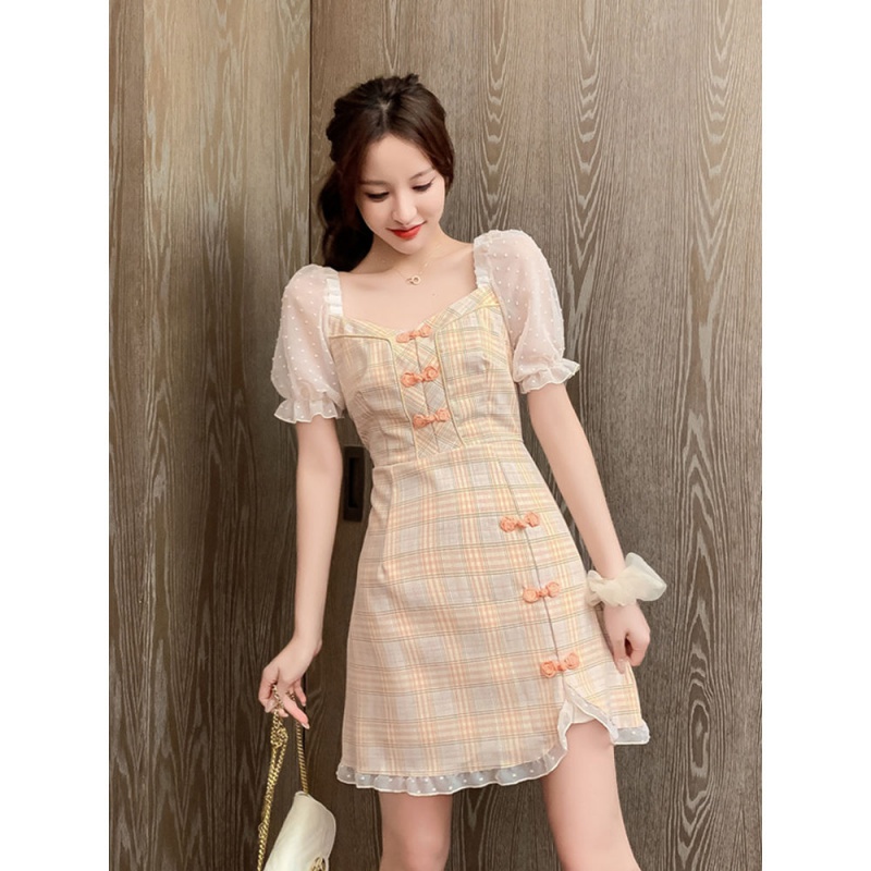 Summer2021New Korean-Style Retro Cheongsam Modified Dress Women's Elegant Square Collar Puff SleeveAWord Skirt