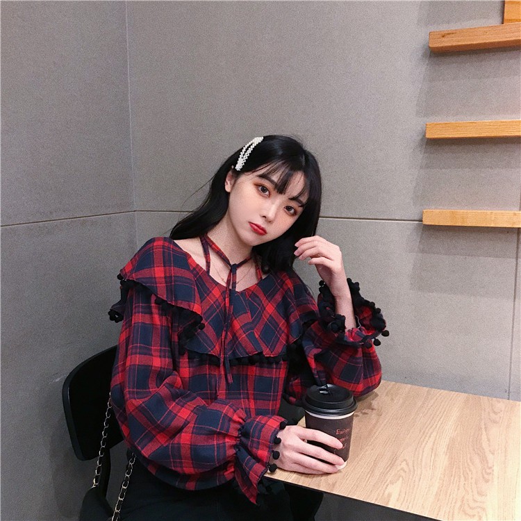 Áo Kiểu Trễ Vai Tay Dài Họa Tiết Sọc Caro Màu Sắc Tương Phản | BigBuy360 - bigbuy360.vn