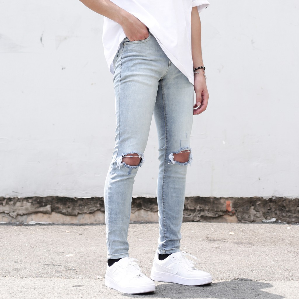 Quần Skinny Jeans Nam-Màu Xanh Nhạt-Rách Gối-Chất Liệu Cotton Co Giãn-Ống Đứng Dáng-Ống Ôm Chân Chuẩn Skinny | BigBuy360 - bigbuy360.vn