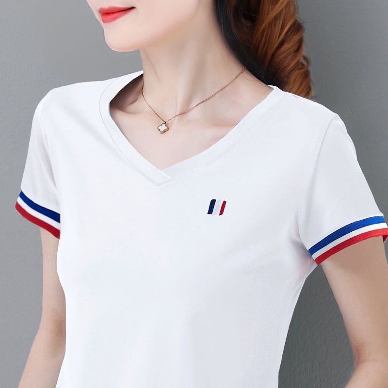 Áo Thun Cotton Mỏng Tay Ngắn Cổ Chữ v Thêu Họa Tiết Thời Trang Mùa Hè Mới Cho Nữ
