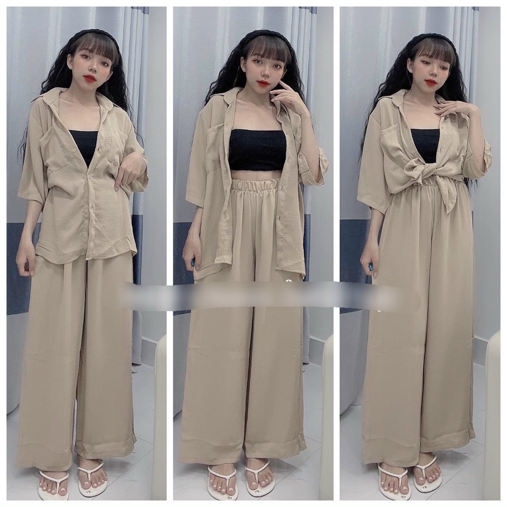 [Set bộ sale] Set bộ 2 món đi chơi phong cách cá tính, quần ống rộng kèm áo sơ mi form rộng phối áo lót trong sexy